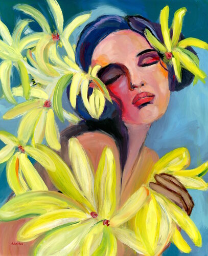 Girl With Bee and Yellow Flowers Contemporary Oil Painting van Alexandra Swistak, Schilderij te koop op Singulart