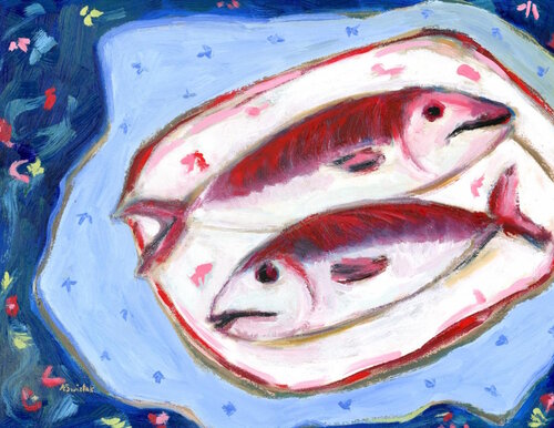 Two Fish on Blue, Vintage Style Still Life Oil Painting van Alexandra Swistak, Schilderij te koop op Singulart