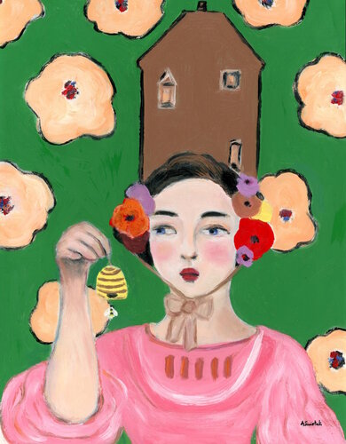 Adele, Beekeepers Daughter Modern Swedish Vintage Style Portrait Oil Painting van Alexandra Swistak, Schilderij te koop op Singulart