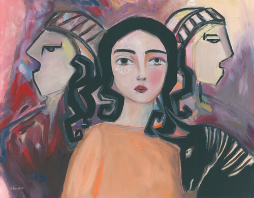 Time Traveler, Ancient World Fresco, Cubist Abstract Multi Figurative Oil Painting de Alexandra Swistak, Pintura a la venta en Singulart