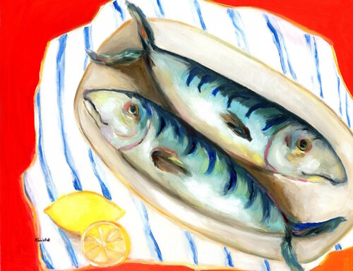 Two Fish, Two Lemons on Table, Still Life Oil Painting by Alexandra Swistak, Painting for Sale on Singulart
