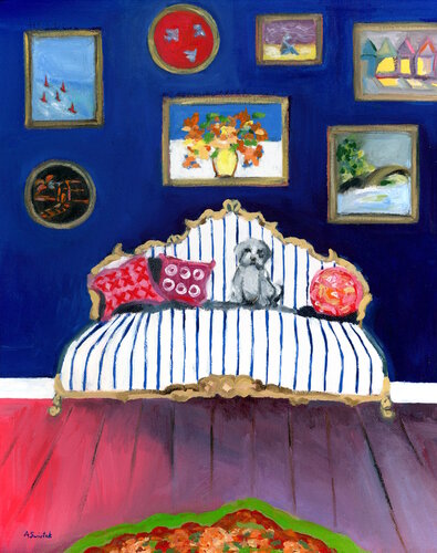 Pup on Blue Striped Sofa, Interior Room Portrait Oil Painting von Alexandra Swistak, Malerei kaufen auf Singulart