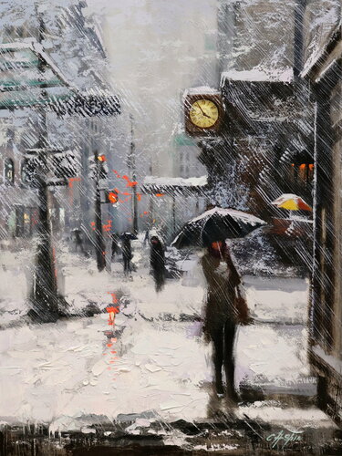 White Snow and Macy's Yellow Clock di Chin H Shin, Pittura in vendita su Singulart