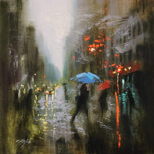 The Blue Umbrella and Rainy Day von Chin H Shin, Malerei kaufen auf Singulart