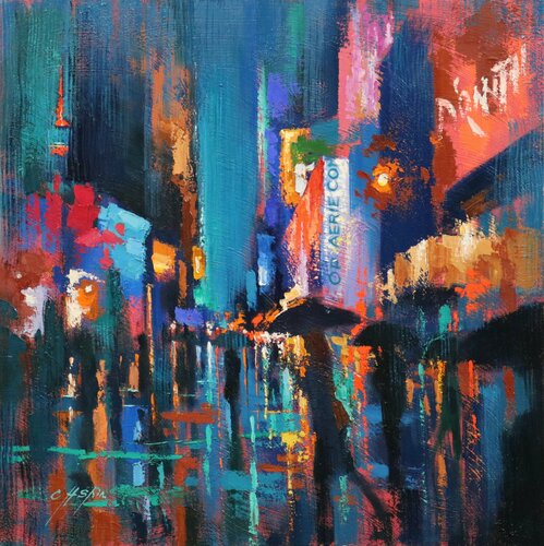 Night Walkers in Time Square de Chin H Shin, Pintura a la venta en Singulart