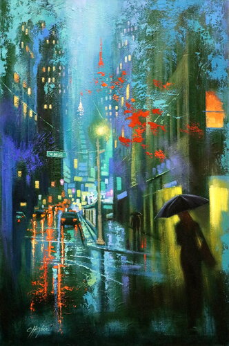 Broadway Rain and Night Walk van Chin H Shin, Schilderij te koop op Singulart