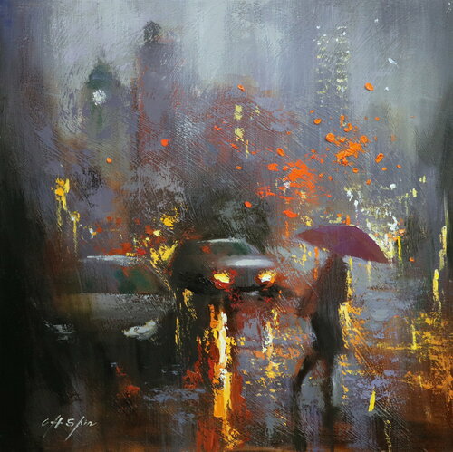The White Clock and Rainy Day in Downtown New York van Chin H Shin, Schilderij te koop op Singulart