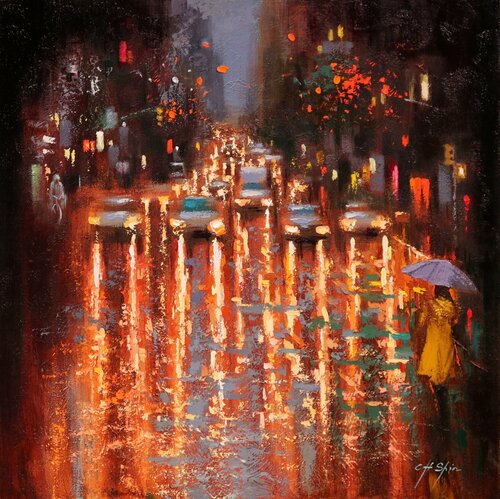 The Night Rain in Manhattan van Chin H Shin, Schilderij te koop op Singulart