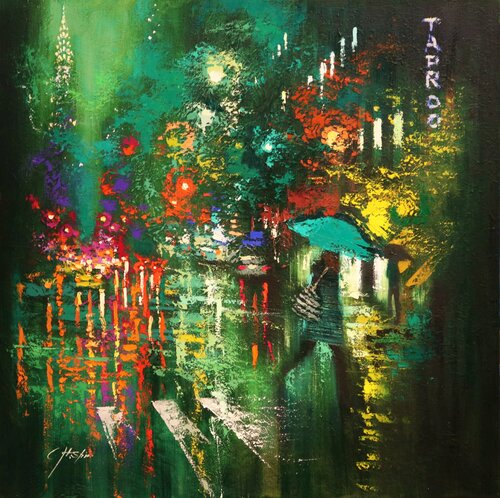 Rainy Day 15 Green Evening van Chin H Shin, Schilderij te koop op Singulart