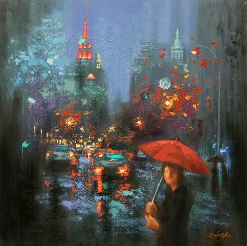 Entering New York on Blue Rainy Day von Chin H Shin, Malerei kaufen auf Singulart