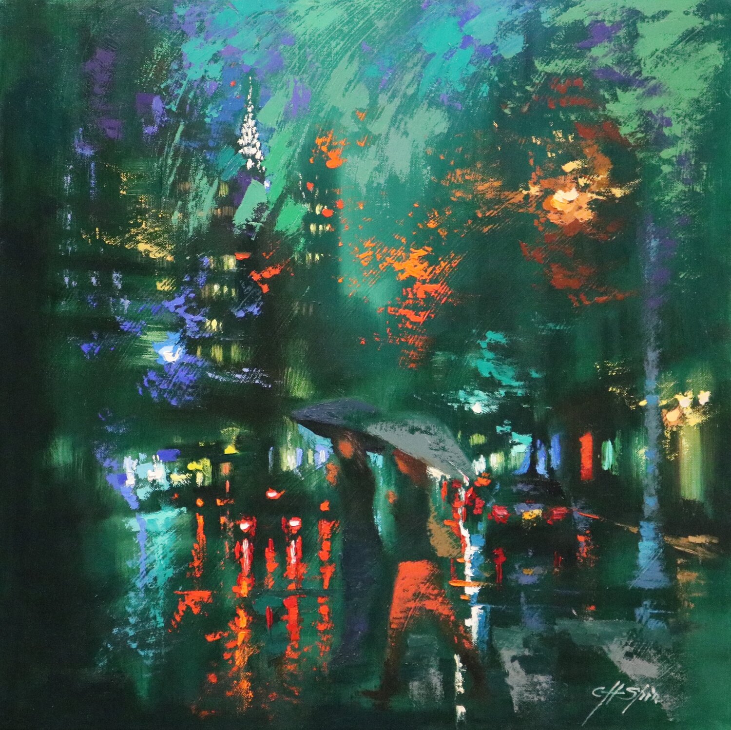 Rainy Day Walkers in Madison Avenue Chin H Shin Originalgemälde zu verkaufen