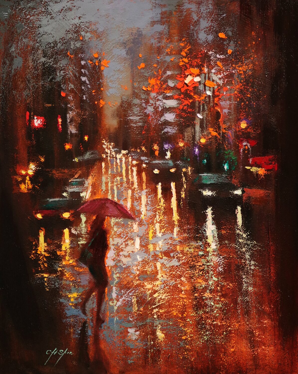 Evening Rain in Lexington Avenue Chin H Shin Dipinto originale in vendita