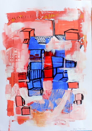 Blue and coral cubes di Irina Tsypilova, Opera su carta in vendita su Singulart