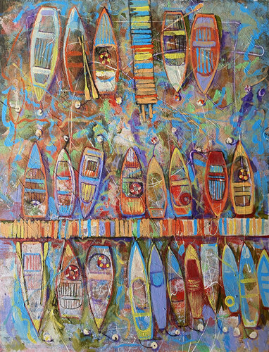 Boats and sharks. di Rakhmet Redzhepov, Pittura in vendita su Singulart