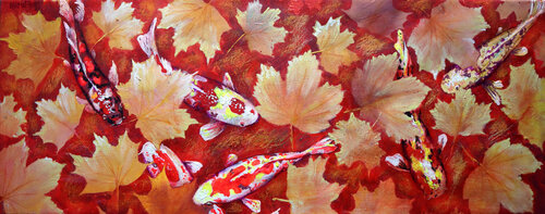 Yellow Leaves and Colored Koi Fish in Red Bottom Pool par Rakhmet Redzhepov, Peinture en vente sur Singulart