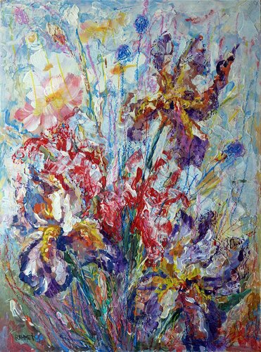Irises in an Abandoned Garden de Rakhmet Redzhepov, Pintura a la venta en Singulart