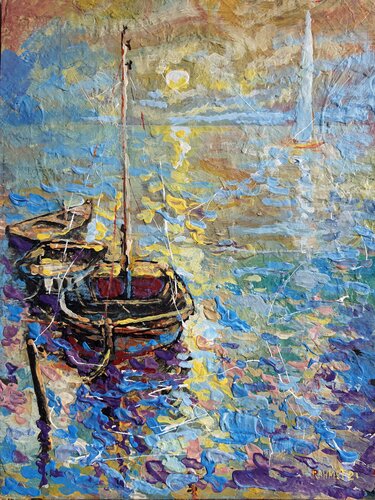 Boats in the Old Bay di Rakhmet Redzhepov, Pittura in vendita su Singulart