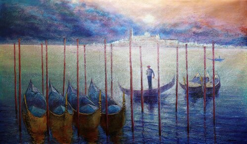 Venetian Golden Gondolas: linen, oil, acrylic, potal (gold leaf) by Rakhmet Redzhepov, Painting for Sale on Singulart