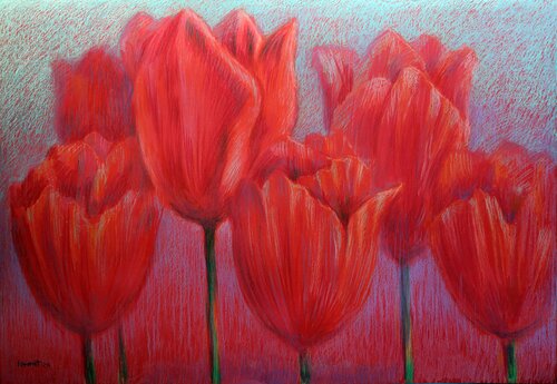 Red Tulips on Red : paper, oil pastel de Rakhmet Redzhepov, Obra en papel a la venta en Singulart