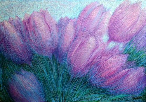 Violet Tulips: paper, oil pastel, 70x100cm. Very Thick paper de Rakhmet Redzhepov, Obra en papel a la venta en Singulart