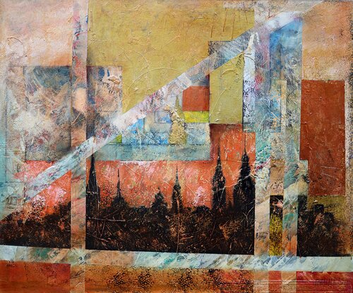 Golden City: abstract art, canvas, oil, acrylic. by Rakhmet Redzhepov, Painting for Sale on Singulart