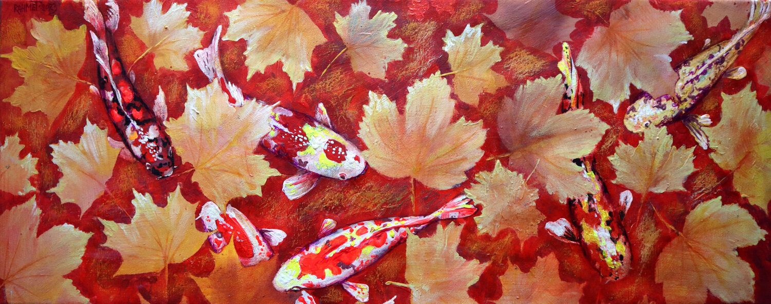 Yellow Leaves and Colored Koi Fish in Red Bottom Pool Rakhmet Redzhepov Originalgemälde zu verkaufen