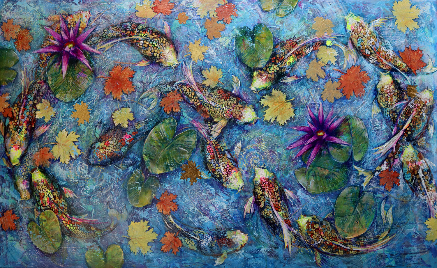 Koi Fish and Golden Leaves Rakhmet Redzhepov Dipinto originale in vendita