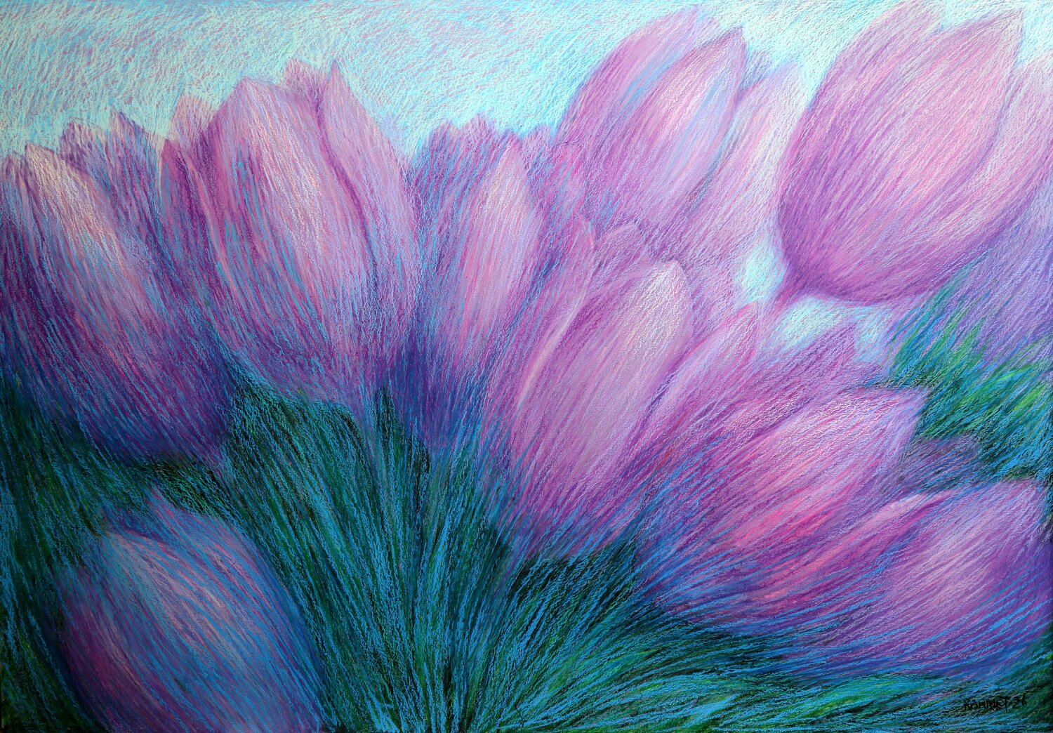 Violet Tulips: paper, oil pastel, 70x100cm. Very Thick paper Rakhmet Redzhepov Œuvre sur papier à vendre