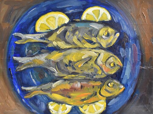 Fried fish with lemon von Grigorii Zulkarniaev, Malerei kaufen auf Singulart