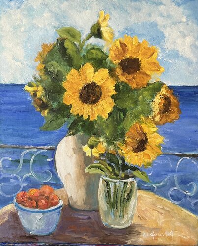 Sunflowers and oranges in Menton (France) von Natalie Gourdal, Malerei kaufen auf Singulart