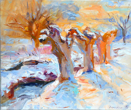 Willow trees at the sunset in winter von Elena Starostina, Malerei kaufen auf Singulart