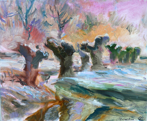 Willow trees at the sunset in winter von Elena Starostina, Malerei kaufen auf Singulart