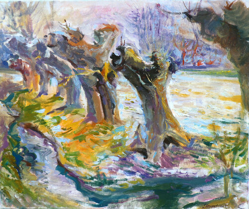 Willow trees at the sunset in winter von Elena Starostina, Malerei kaufen auf Singulart