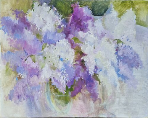 Blumenstrauß aus Flieder in einer Vase van Elena Starostina, Schilderij te koop op Singulart