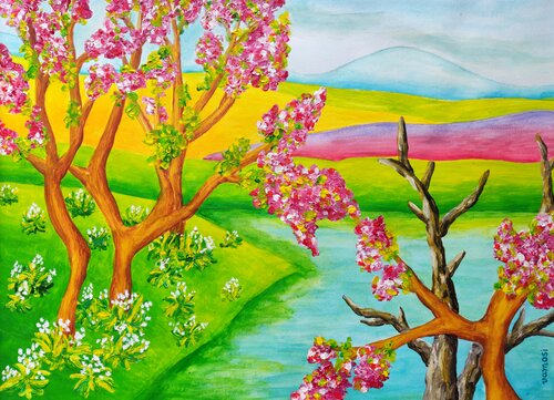 Blossoming cherry trees by the lake van Peter Vamosi, Schilderij te koop op Singulart