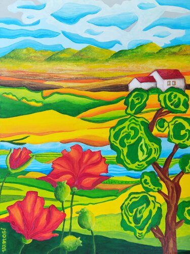 Spring country landscape with poppies by Peter Vamosi, Painting for Sale on Singulart