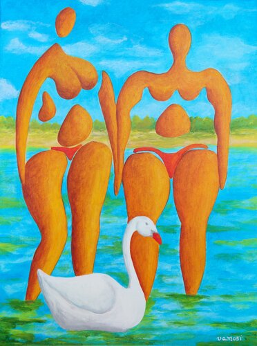 Bathing girlfriends with swan by Peter Vamosi, Painting for Sale on Singulart