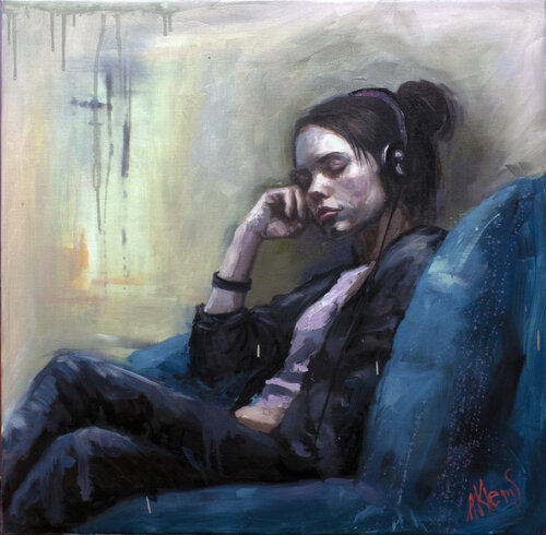 Sleeping Girl with Headphones van Alexander Klemens, Schilderij te koop op Singulart