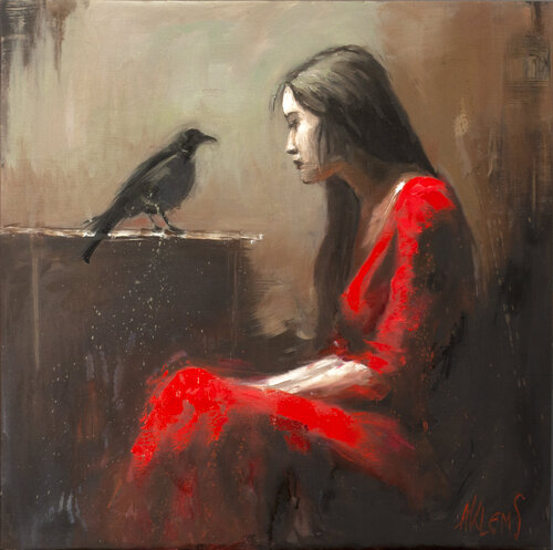 Will the Cranes Depart?Girls who can talk to animals and birds. van Alexander Klemens, Schilderij te koop op Singulart