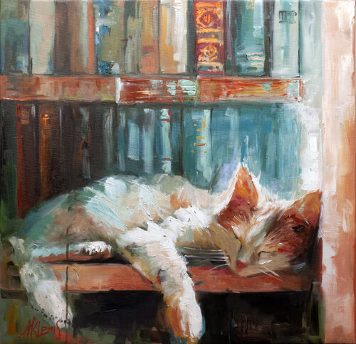 Sweet dream of the cat on the books van Alexander Klemens, Schilderij te koop op Singulart