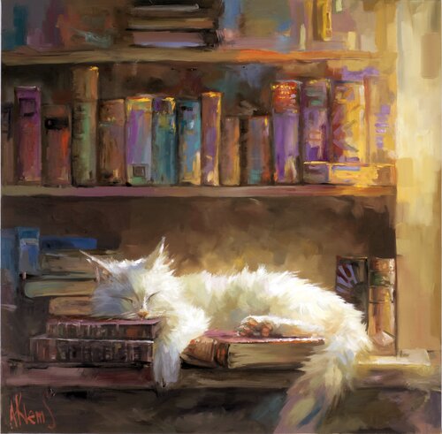 The White Cat's Slumber in the Library di Alexander Klemens, Pittura in vendita su Singulart