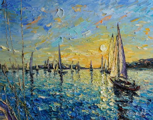 Sunset Sailing Boats van Haykuhi Khachatryan, Schilderij te koop op Singulart