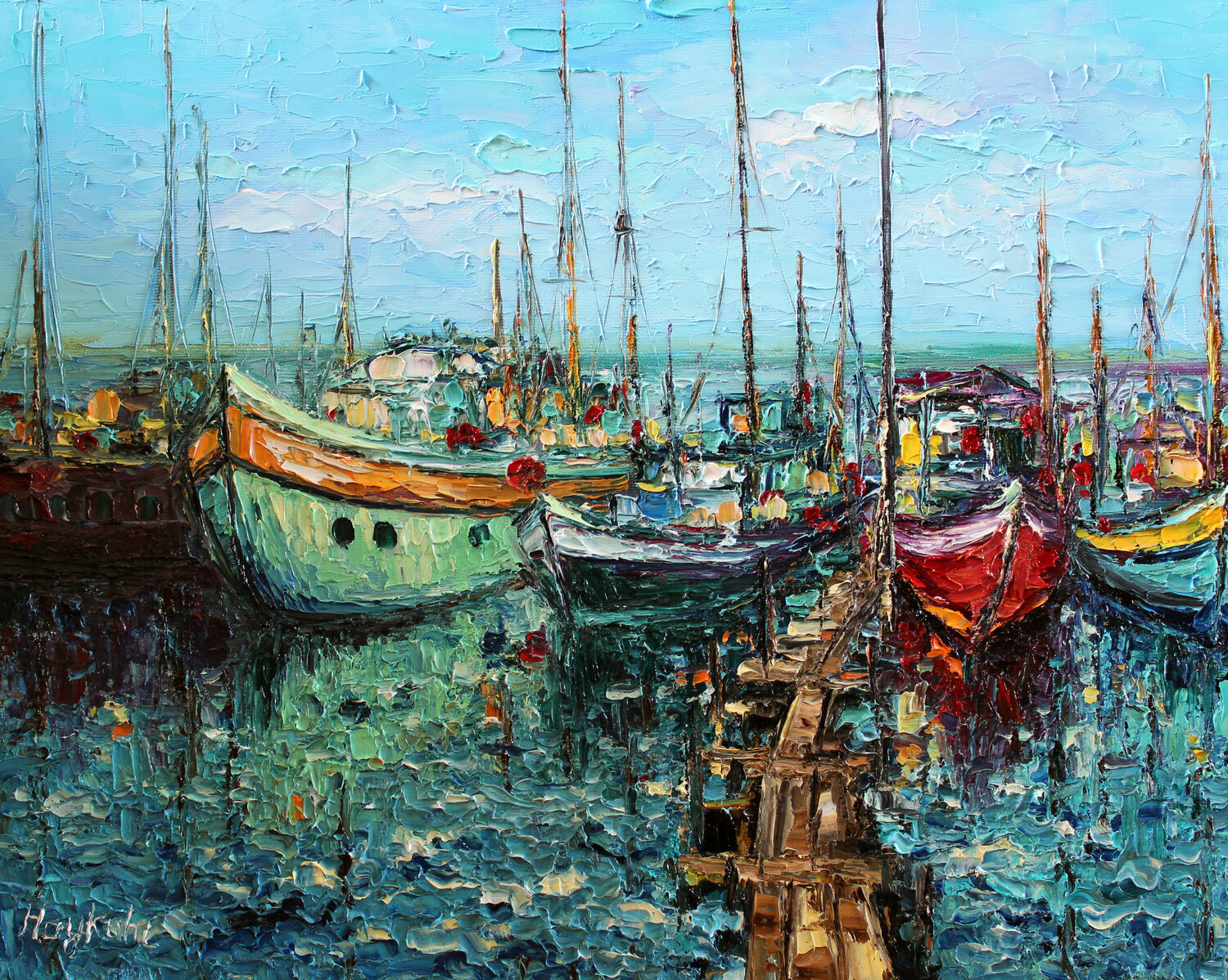 Boats in the harbour Haykuhi Khachatryan Originalgemälde zu verkaufen