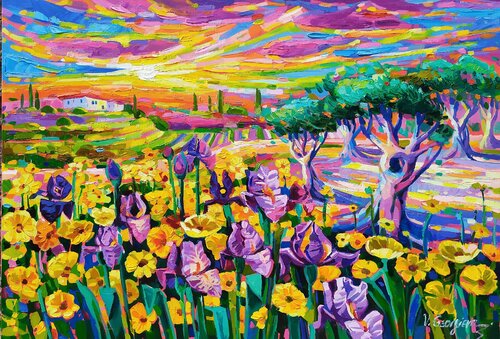 The Irises among the yellow flowers von Vanya Georgieva, Malerei kaufen auf Singulart