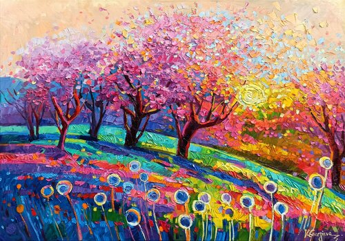 Cherry trees under the warm sunset von Vanya Georgieva, Malerei kaufen auf Singulart