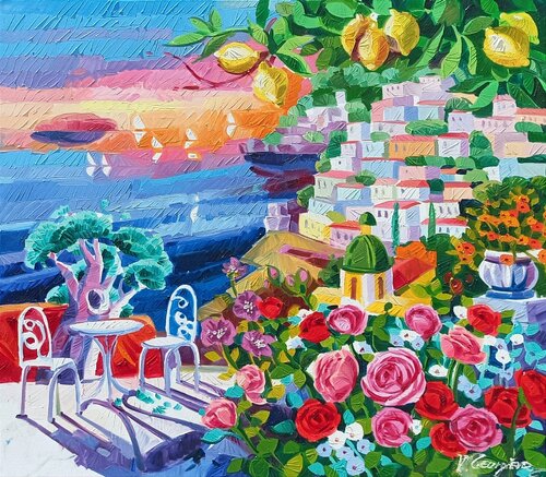 The Roses looking at Positano par Vanya Georgieva, Peinture en vente sur Singulart