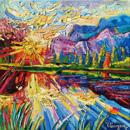 The sun warming in Mountain di Vanya Georgieva, Pittura in vendita su Singulart
