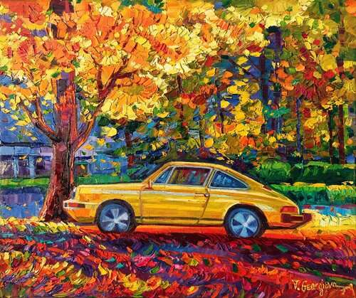 One Porsche in the fall forest von Vanya Georgieva, Malerei kaufen auf Singulart
