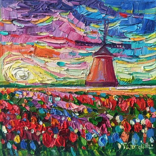 Tulips and mille at sunset di Vanya Georgieva, Pittura in vendita su Singulart