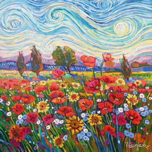 Joy poppies and Gogh sky von Vanya Georgieva, Malerei kaufen auf Singulart